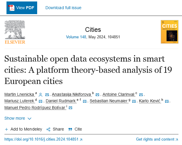 📢✍️🗞️New paper alert! “Sustainable open data ecosystems in smart cities: A platform theory-based analysis of 19 European cities”, Cities (Elsevier)